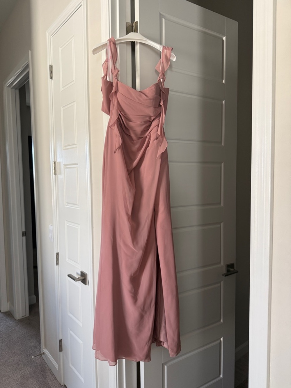 Azazie Blush Pink Ruffle-Shoulder Maxi Gown